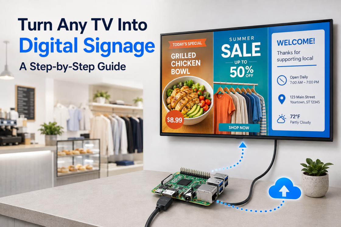 TV converted into a digital signage screen using 1Play and a Raspberry Pi player
