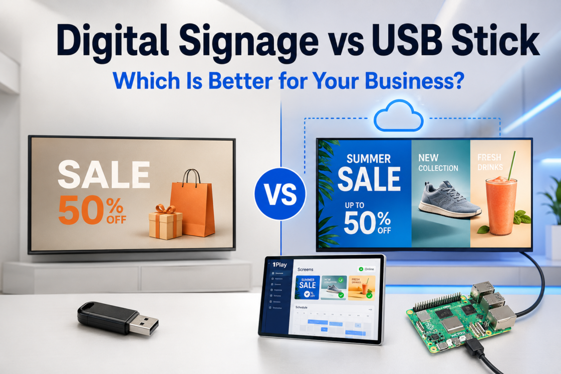 Comparison between USB stick playback and cloud digital signage managed with 1Play