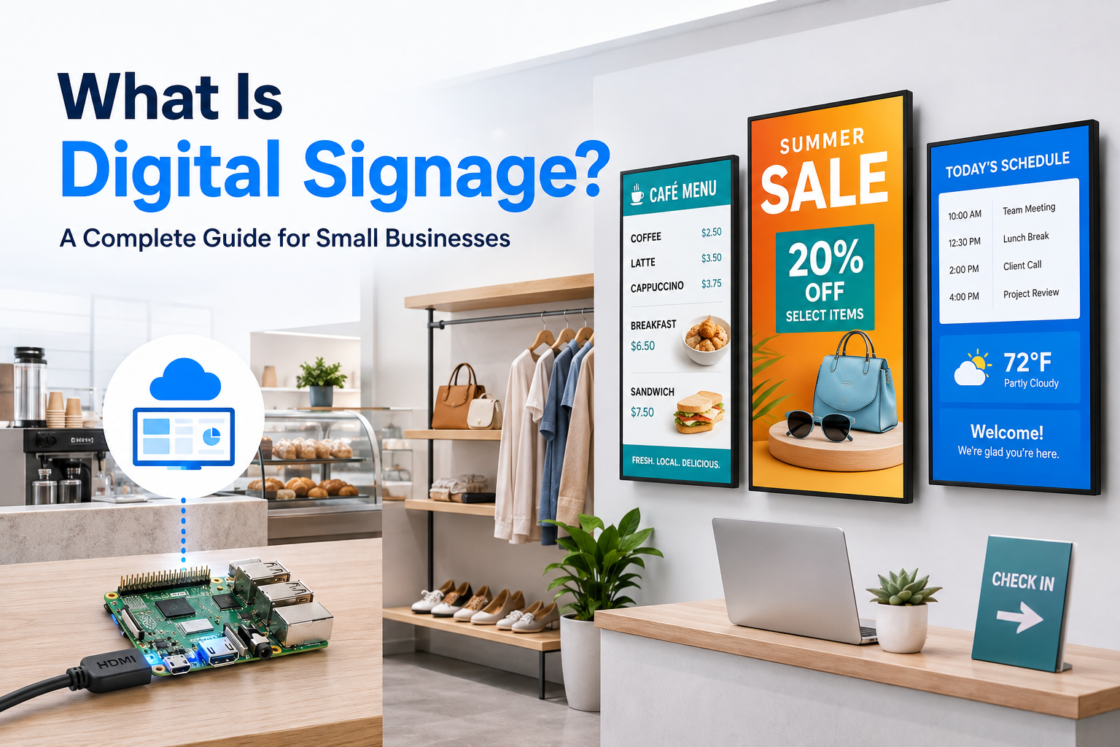 Digital signage screens for small businesses managed with 1Play and a Raspberry Pi player